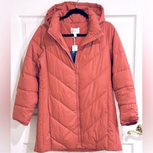 *NWT* Market & Spruce Olivia Long Line Puffer Hooded Jacket Dark Pink Rose Sz S - Picture 1 of 5